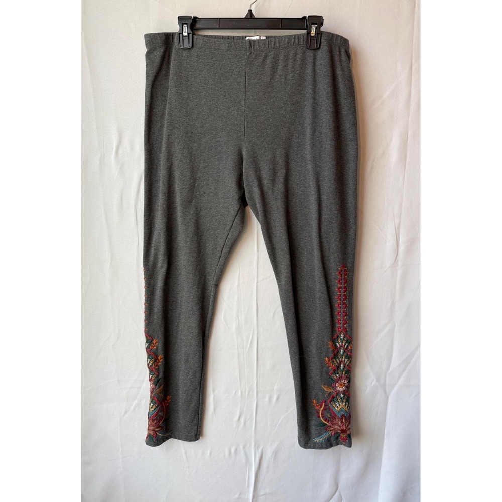 Johnny Was JW Embroidered Leggings Wms XL Gray Boho Floral Ankle Stretch Pants